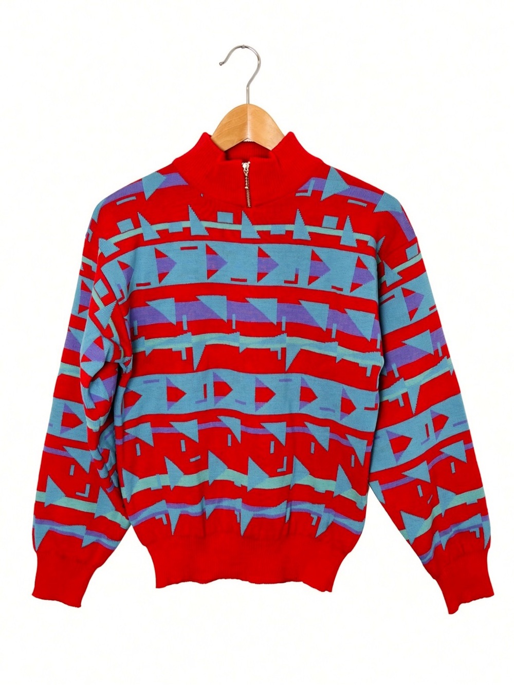 Vintage 100% Wool Sun Valley Red Geometric 1/4 Zip Mock Neck Sweater Size S 80s